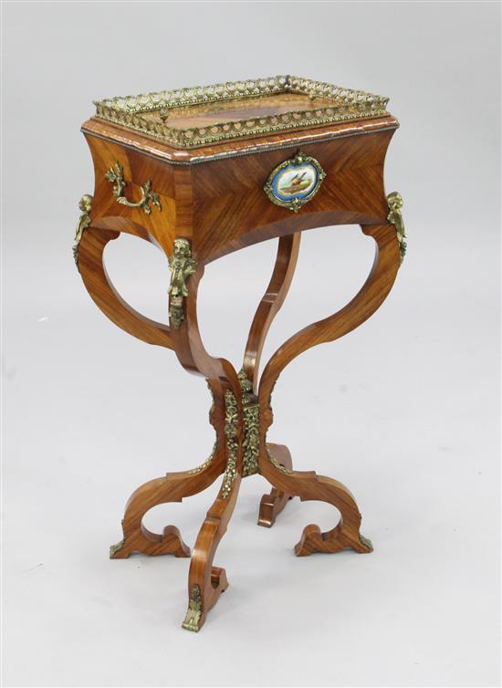 A 19th century French kingwood and porcelain mounted jardiniere, W.1ft 6in.